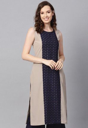 Foil Printed Crepe Straight Kurta in Navy Blue and Beige