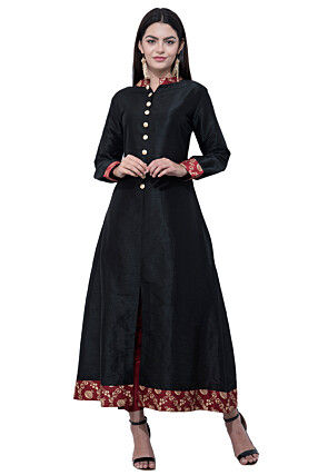 Foil Printed Dupion Silk Abaya Style Suit in Black