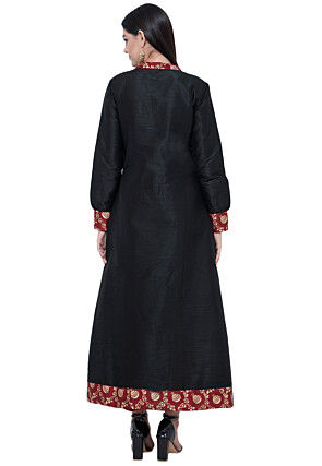 Foil Printed Dupion Silk Abaya Style Suit in Black