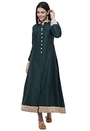 Foil Printed Dupion Silk Abaya Style Suit in Dark Green