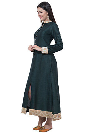 Foil Printed Dupion Silk Abaya Style Suit in Dark Green