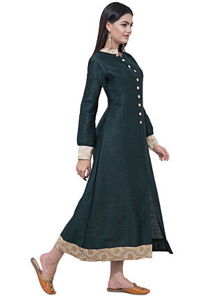 Foil Printed Dupion Silk Abaya Style Suit in Dark Green