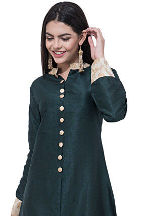 Foil Printed Dupion Silk Abaya Style Suit in Dark Green