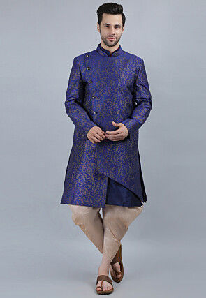 Foil Printed Dupion Silk Asymmetric Sherwani Dhoti in Navy Blue