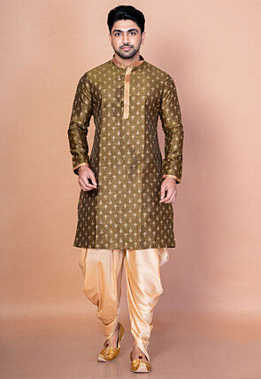 Foil Printed Dupion Silk Dhoti Kurta in Olive Green