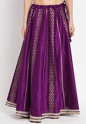 Foil Printed Dupion Silk Flared Skirt in Purple