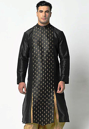 Foil Printed Dupion Silk Kurta in Black