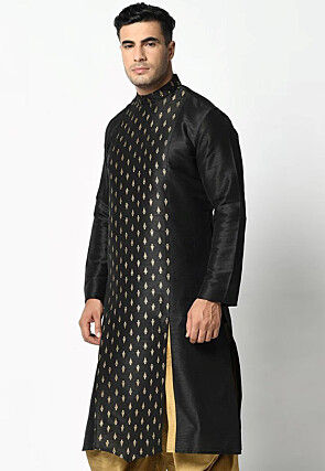 Foil Printed Dupion Silk Kurta in Black