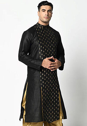 Foil Printed Dupion Silk Kurta in Black
