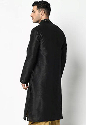 Foil Printed Dupion Silk Kurta in Black