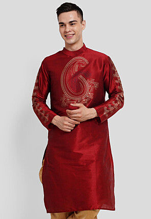 Foil Printed Dupion Silk Kurta in Maroon