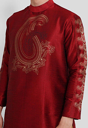 Foil Printed Dupion Silk Kurta in Maroon