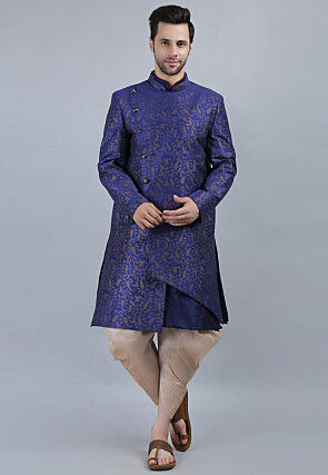 Foil Printed Dupion Silk Kurta Jacket Set in Navy Blue