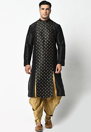 Foil Printed Dupion Silk Kurta Set in Black