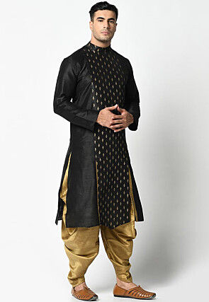 Foil Printed Dupion Silk Kurta Set in Black