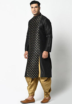 Foil Printed Dupion Silk Kurta Set in Black