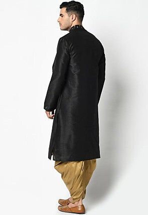 Foil Printed Dupion Silk Kurta Set in Black