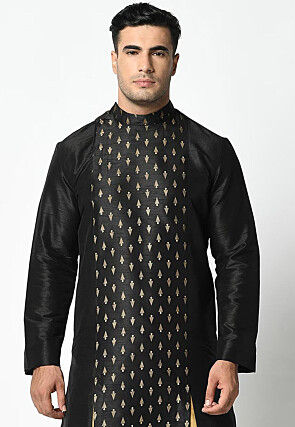 Foil Printed Dupion Silk Kurta Set in Black