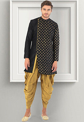 Foil Printed Dupion Silk Kurta Set in Black