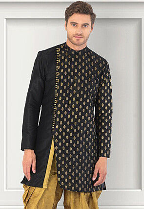 Foil Printed Dupion Silk Kurta Set in Black