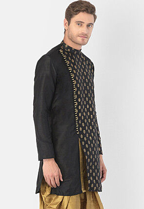Foil Printed Dupion Silk Kurta Set in Black