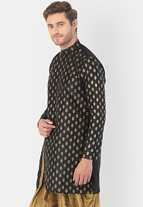 Foil Printed Dupion Silk Kurta Set in Black