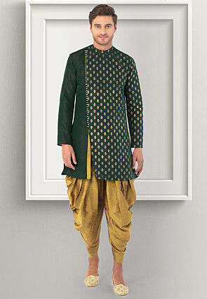 Foil Printed Dupion Silk Kurta Set in Dark Green