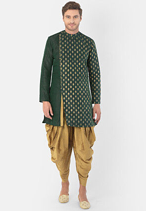 Foil Printed Dupion Silk Kurta Set in Dark Green