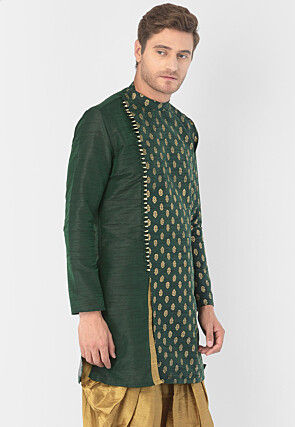 Foil Printed Dupion Silk Kurta Set in Dark Green