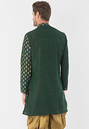 Foil Printed Dupion Silk Kurta Set in Dark Green