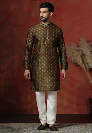 Foil Printed Dupion Silk Kurta Set in Dark Olive Green