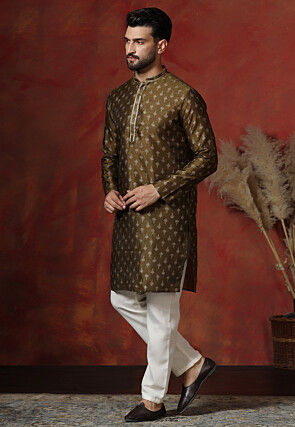 Foil Printed Dupion Silk Kurta Set in Dark Olive Green