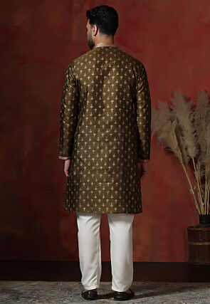 Foil Printed Dupion Silk Kurta Set in Dark Olive Green