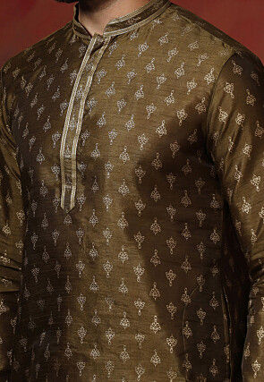 Foil Printed Dupion Silk Kurta Set in Dark Olive Green