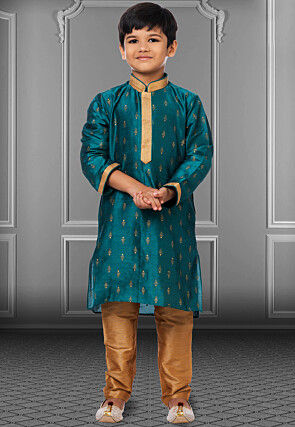 Foil Printed Dupion Silk Kurta Set in Dark Teal Blue