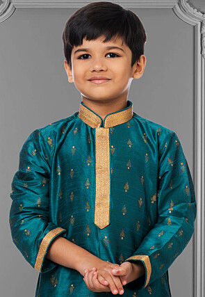 Foil Printed Dupion Silk Kurta Set in Dark Teal Blue