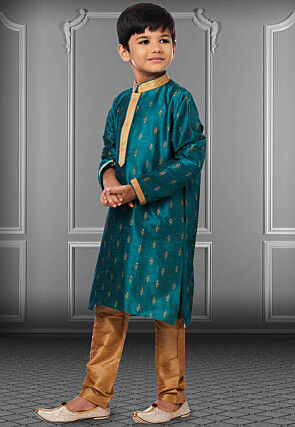 Foil Printed Dupion Silk Kurta Set in Dark Teal Blue