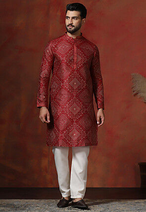 Foil Printed Dupion Silk Kurta Set in Maroon