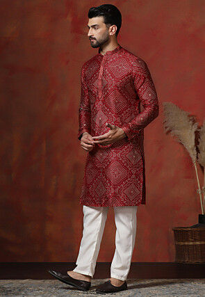 Foil Printed Dupion Silk Kurta Set in Maroon