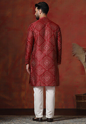 Foil Printed Dupion Silk Kurta Set in Maroon