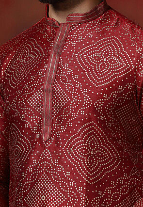 Foil Printed Dupion Silk Kurta Set in Maroon