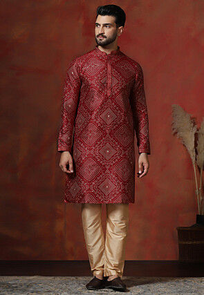 Foil Printed Dupion Silk Kurta Set in Maroon