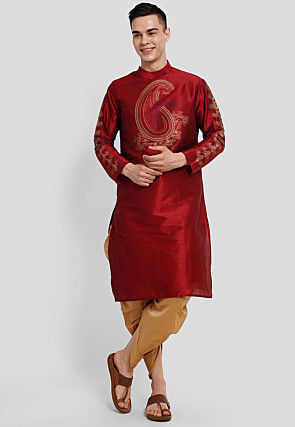 Foil Printed Dupion Silk Kurta Set in Maroon