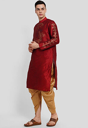 Foil Printed Dupion Silk Kurta Set in Maroon