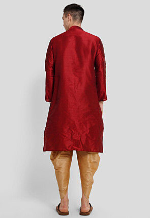 Foil Printed Dupion Silk Kurta Set in Maroon