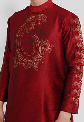 Foil Printed Dupion Silk Kurta Set in Maroon