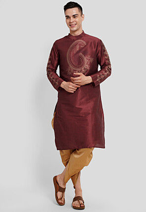 Foil Printed Dupion Silk Kurta Set in Maroon