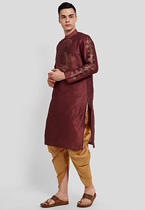Foil Printed Dupion Silk Kurta Set in Maroon