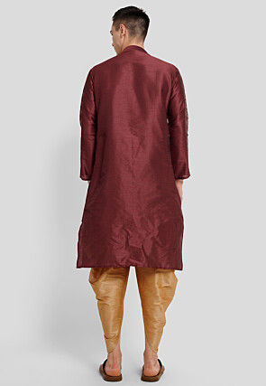 Foil Printed Dupion Silk Kurta Set in Maroon