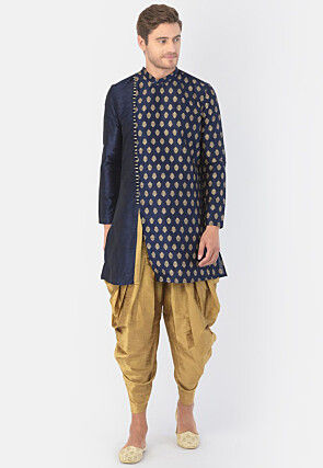 Foil Printed Dupion Silk Kurta Set in Navy Blue